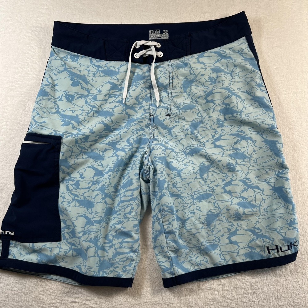 Huk Board Shorts Mens 32 Blue Fish Camo Performance Fishing‎ Swim Trunks Pocket